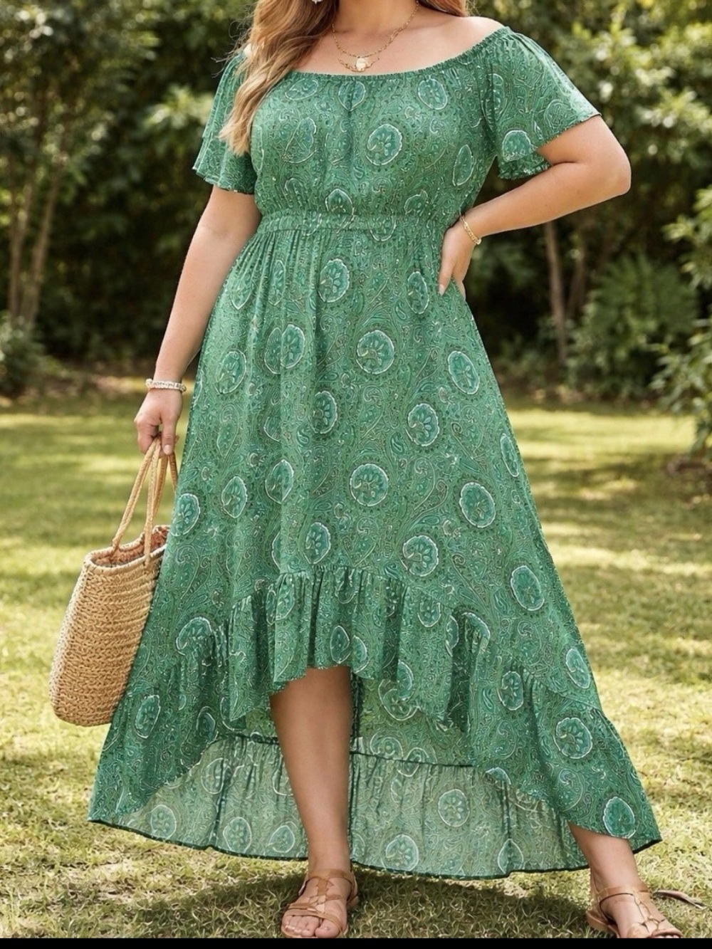 Green Paisley Milkmaid Maxi Sun Dress Hi-Low Cottagecore Coquette Country 1X